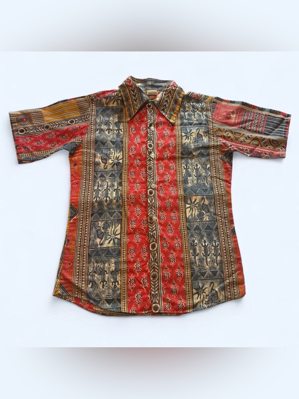 Vtg 70s Sears Perma Prest Boys 14 Button Up Shirt Patchwork Tribal MCM READ